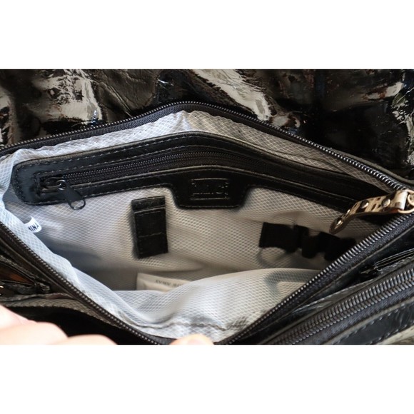 M.C. Patent Leather Blk Gray Faux Gator Print Purse Multiple Compartments Tassel - Picture 14 of 16